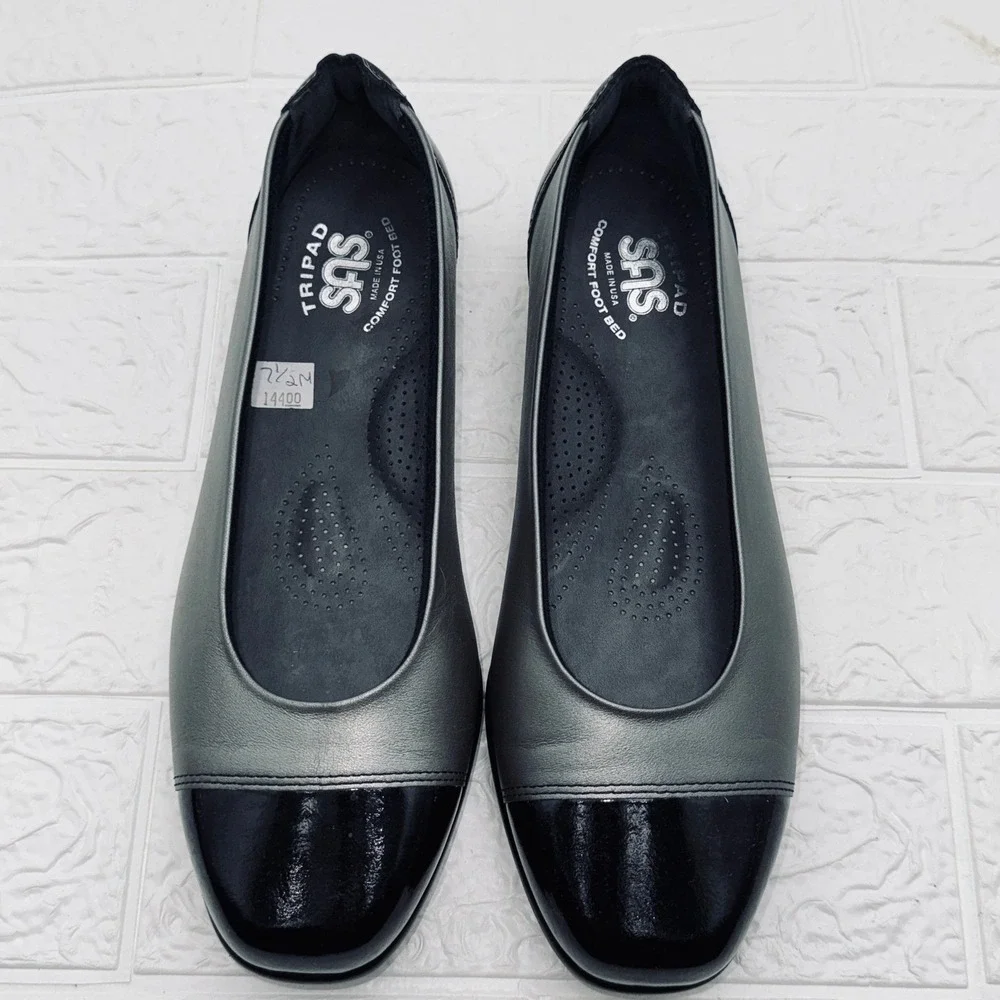 SAS Tripad Comfort Flats Women 7.5 M Grey Black Excellent Patent Cap Toe Leather